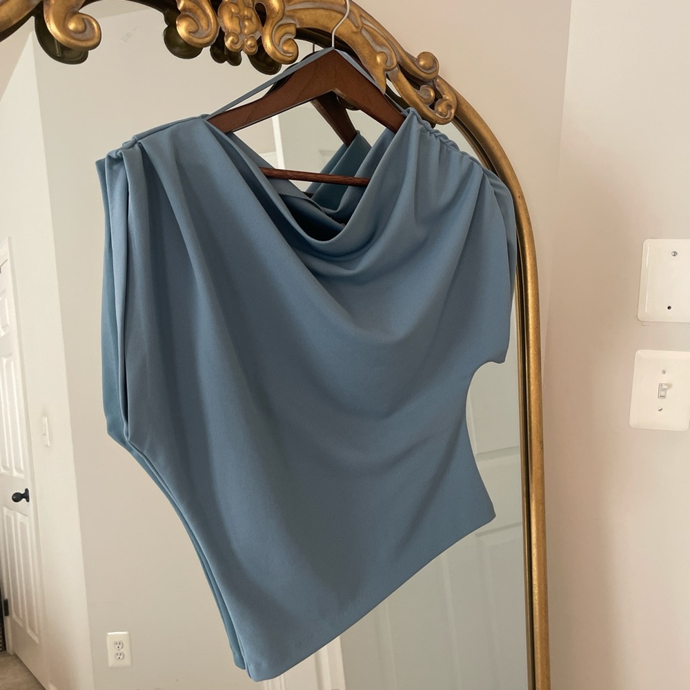 Zara Soft Blue Ruched Asymmetric Blouse